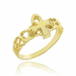10k Yellow Gold Ankh Cross Nugget Knuckle Ring Any Size